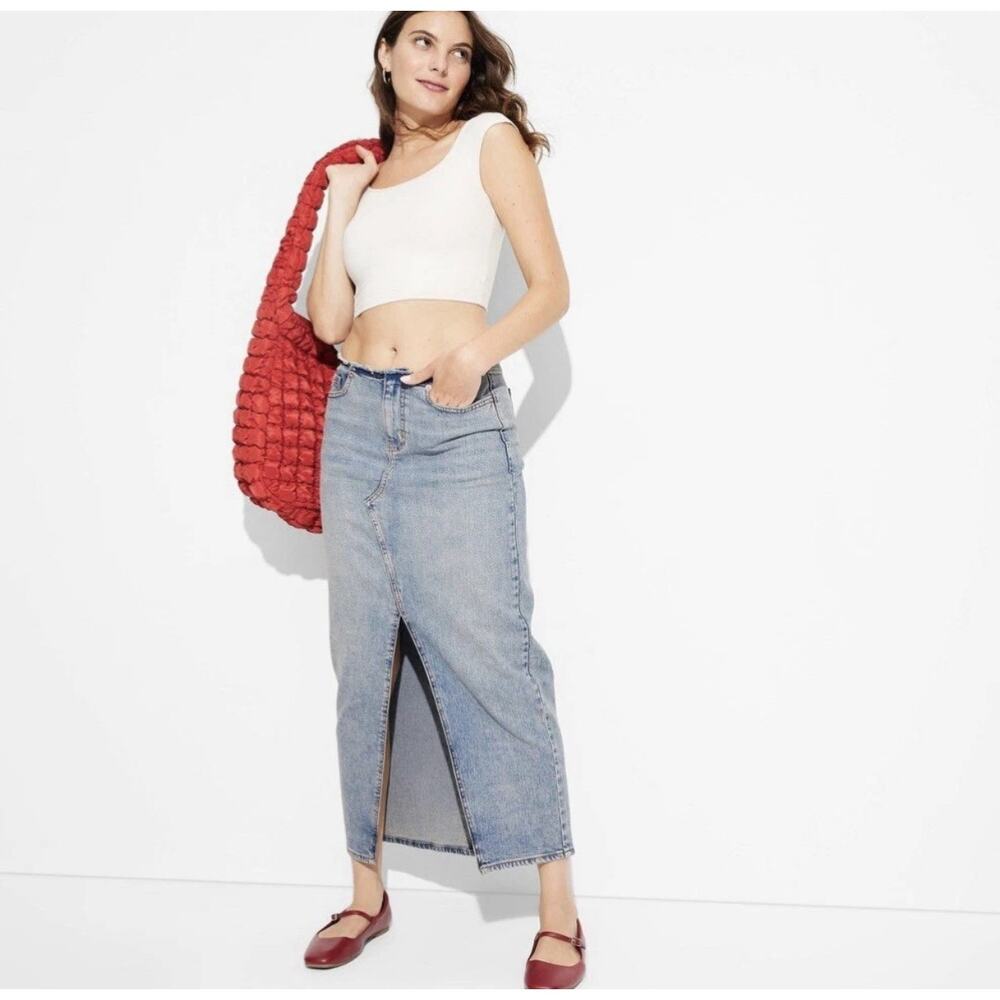 wild fable Light Wash Denim Maxi Skirt with Front Slit